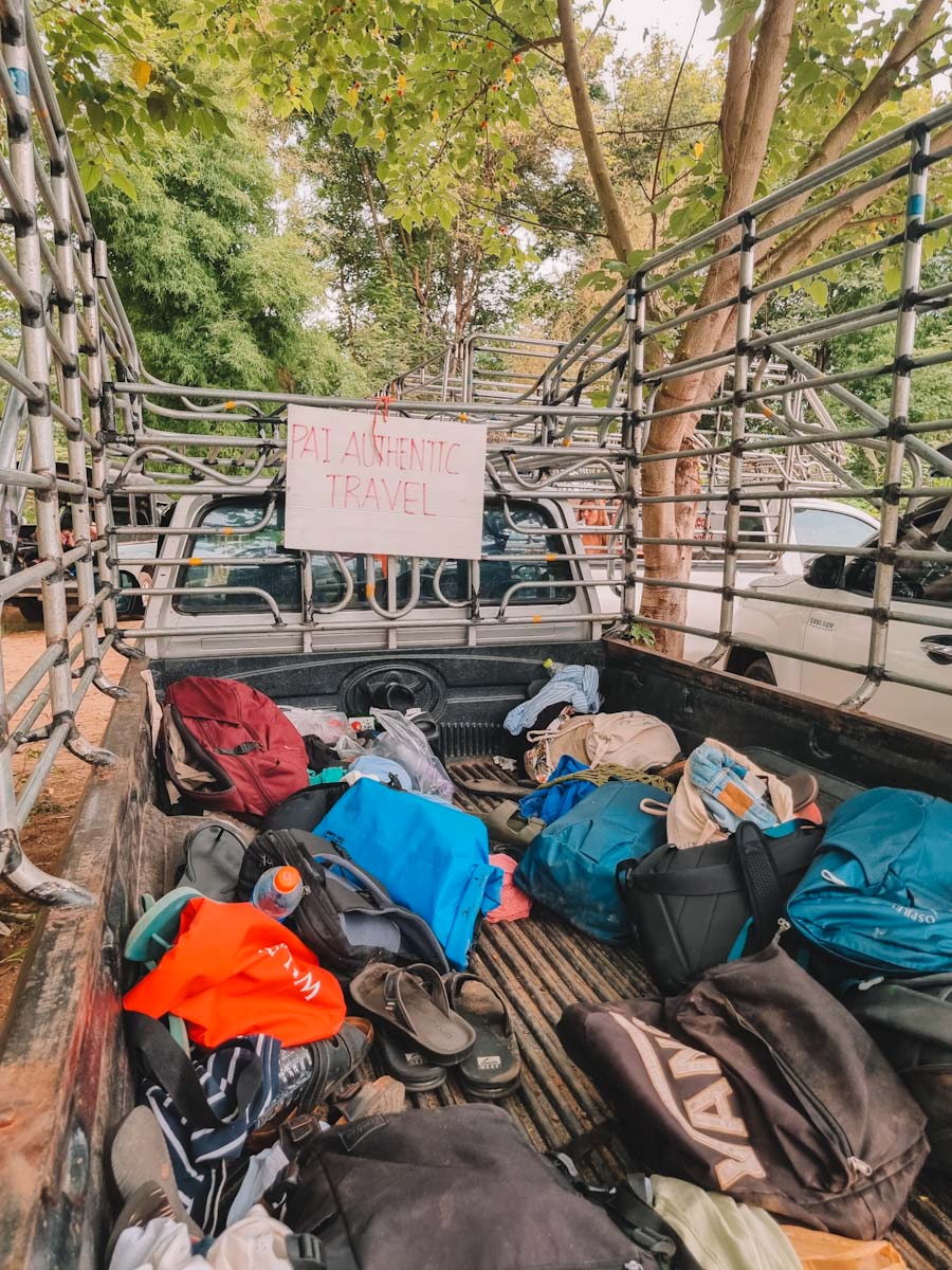 Belongings in the back of taxis while tipsy tubing in Pai